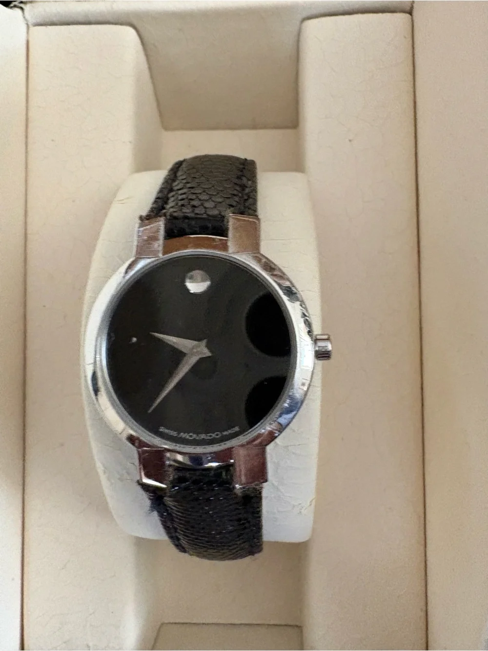 Movado Black Dial Silver-Tone Case Women’s Watch with Black Snake Leather Strap